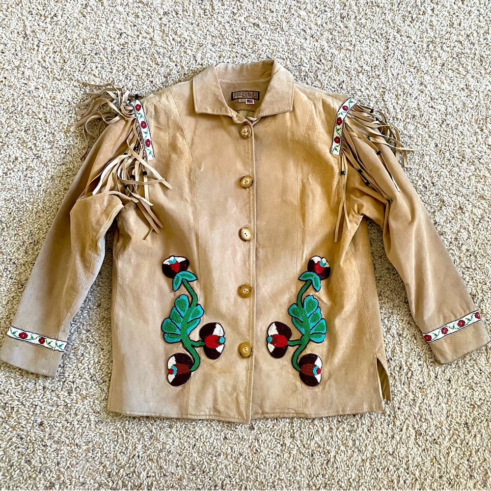 Double D Ranch Beaded Leather Fringe Embroidered Flower Cactus Jacket Coat Tan L